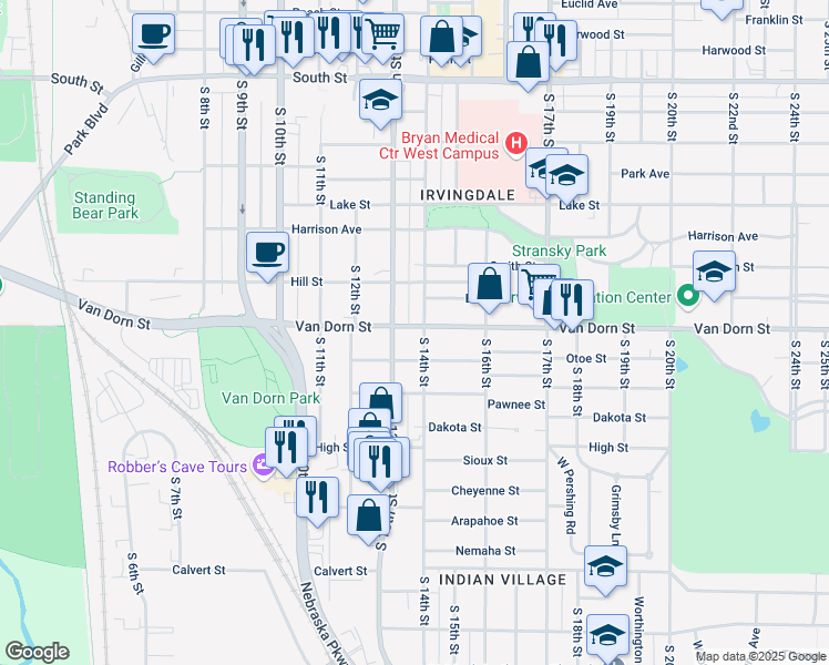 map of restaurants, bars, coffee shops, grocery stores, and more near 2731 South 14th Street in Lincoln