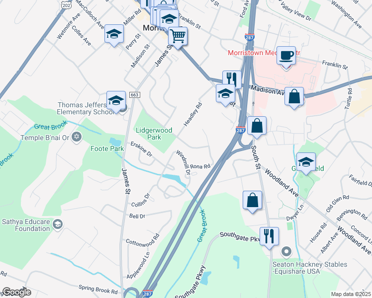 map of restaurants, bars, coffee shops, grocery stores, and more near 81 Lidgerwood Parkway in Morristown