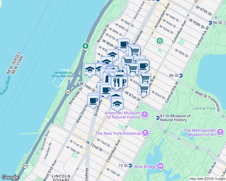 map of restaurants, bars, coffee shops, grocery stores, and more near 234 West 81st Street in New York