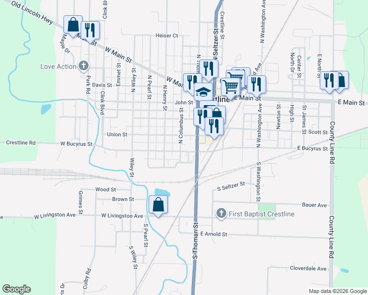map of restaurants, bars, coffee shops, grocery stores, and more near 295 West Bucyrus Street in Crestline