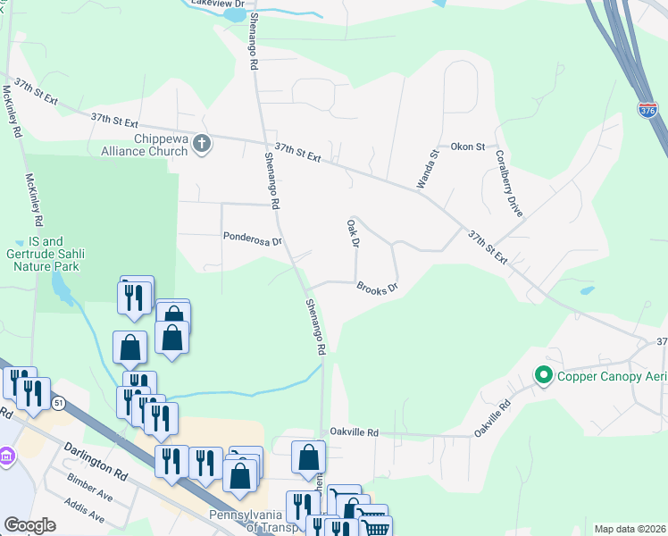 map of restaurants, bars, coffee shops, grocery stores, and more near 121 Oak Drive in Beaver Falls