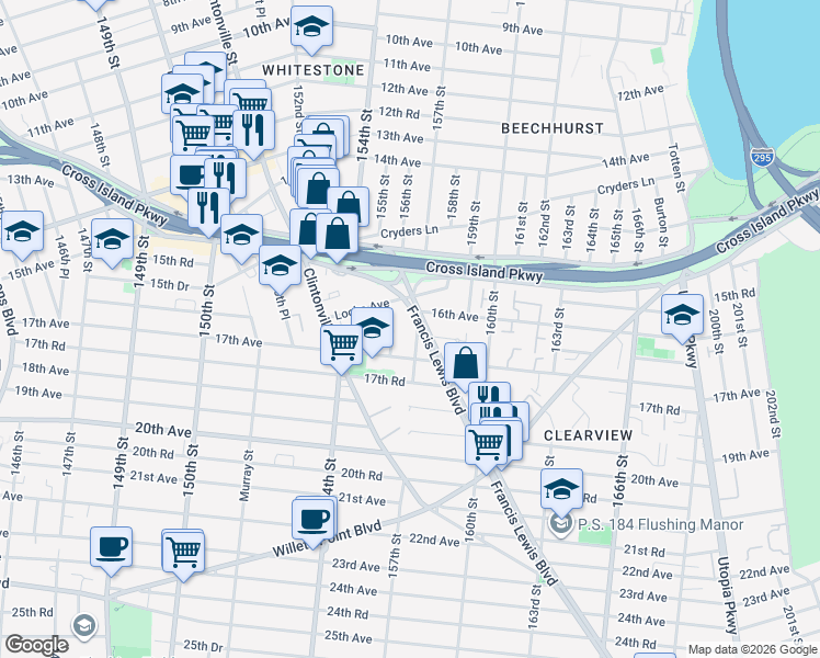 map of restaurants, bars, coffee shops, grocery stores, and more near 16-24 157th Street in Queens