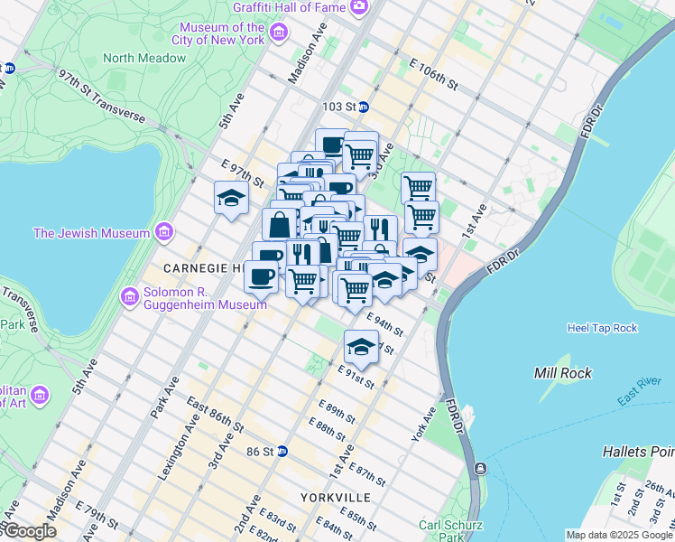 map of restaurants, bars, coffee shops, grocery stores, and more near 215 East 96th Street in New York