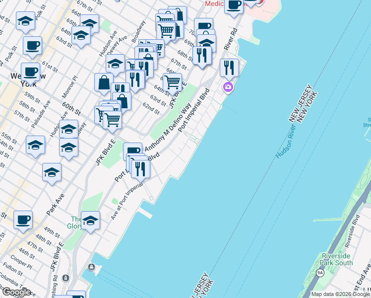 map of restaurants, bars, coffee shops, grocery stores, and more near 4 Avenue at Port Imperial in West New York
