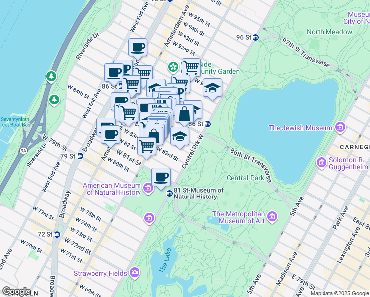 map of restaurants, bars, coffee shops, grocery stores, and more near 7 West 84th Street in New York