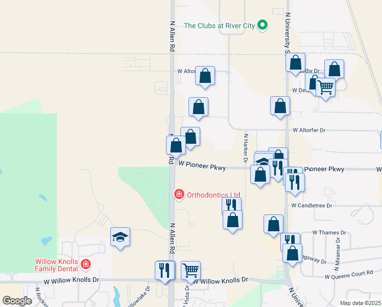 map of restaurants, bars, coffee shops, grocery stores, and more near 2401 West Pioneer Parkway in Peoria