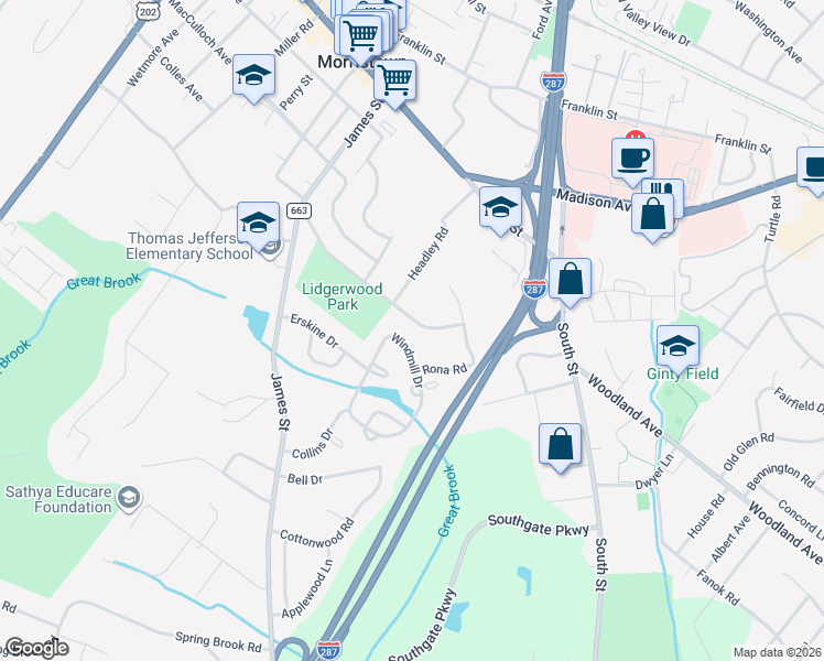map of restaurants, bars, coffee shops, grocery stores, and more near 81 Lidgerwood Parkway in Morristown