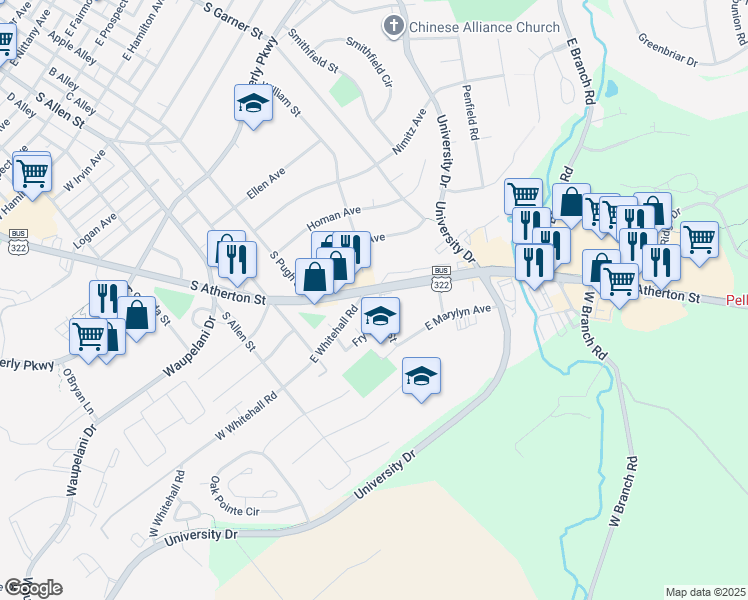 map of restaurants, bars, coffee shops, grocery stores, and more near 1405 South Atherton Street in State College