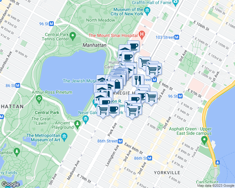map of restaurants, bars, coffee shops, grocery stores, and more near 1302 Madison Avenue in New York