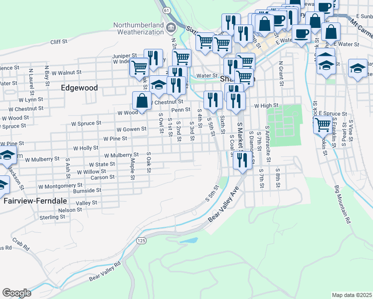 map of restaurants, bars, coffee shops, grocery stores, and more near 214 South 3rd Street in Shamokin