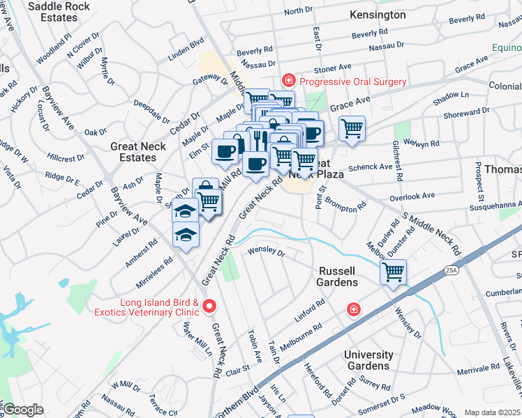 map of restaurants, bars, coffee shops, grocery stores, and more near 70 Knightsbridge Road in Great Neck