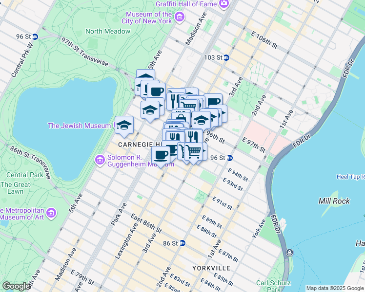 map of restaurants, bars, coffee shops, grocery stores, and more near 150 East 94th Street in New York