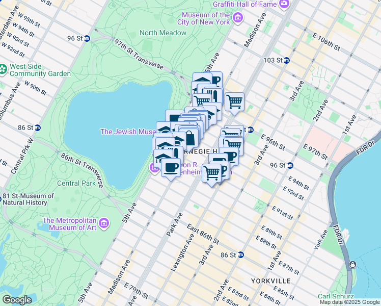 map of restaurants, bars, coffee shops, grocery stores, and more near 1289 Madison Avenue in New York