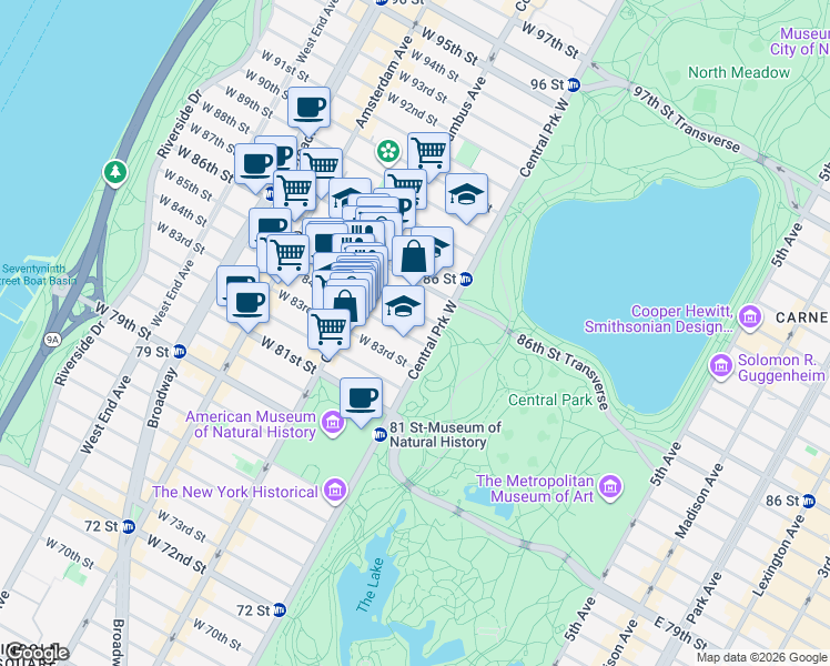 map of restaurants, bars, coffee shops, grocery stores, and more near 7 West 84th Street in New York