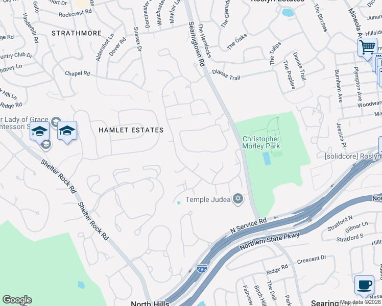 map of restaurants, bars, coffee shops, grocery stores, and more near 251 Searingtown Road in Manhasset
