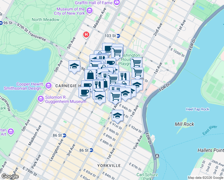 map of restaurants, bars, coffee shops, grocery stores, and more near 215 East 96th Street in New York