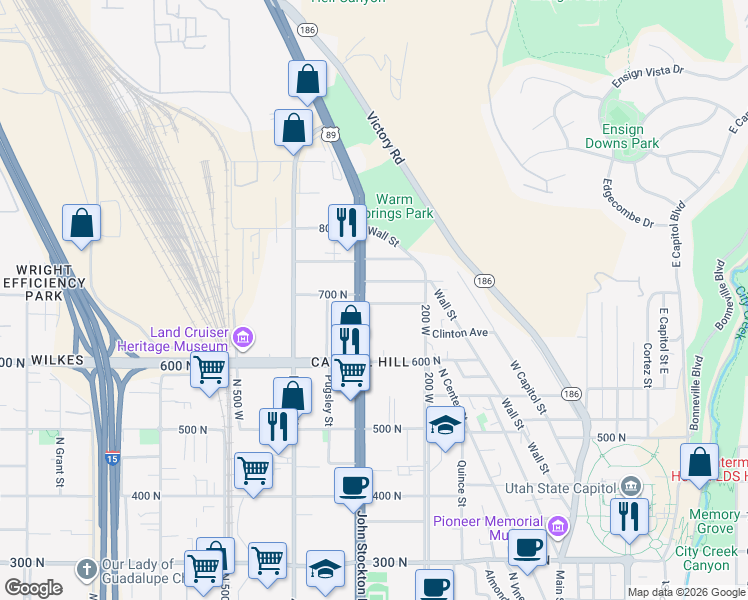 map of restaurants, bars, coffee shops, grocery stores, and more near 253 Fern Avenue North in Salt Lake City