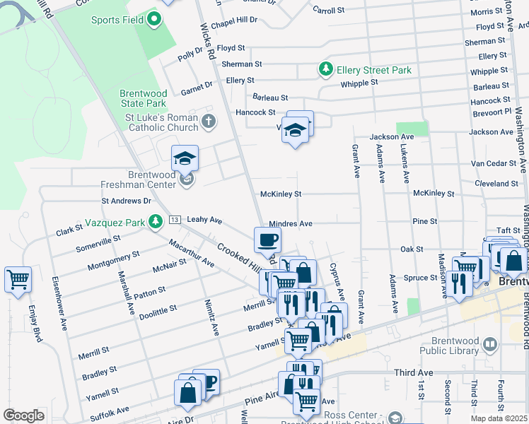 map of restaurants, bars, coffee shops, grocery stores, and more near 18 McKinley Street in Brentwood