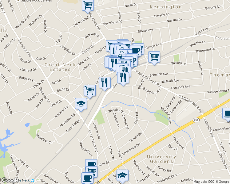 map of restaurants, bars, coffee shops, grocery stores, and more near 60 Knightsbridge Road in Great Neck
