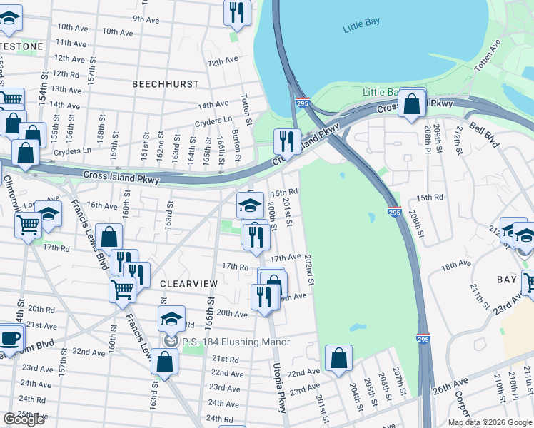 map of restaurants, bars, coffee shops, grocery stores, and more near 15-34 200th Street in Queens