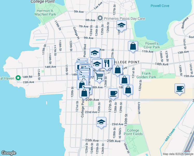map of restaurants, bars, coffee shops, grocery stores, and more near 124-06 14th Avenue in Queens