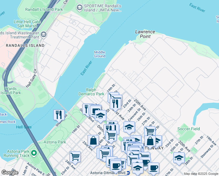 map of restaurants, bars, coffee shops, grocery stores, and more near 20-25 Shore Boulevard in Queens