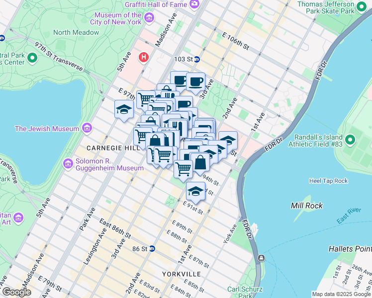 map of restaurants, bars, coffee shops, grocery stores, and more near 215 East 96th Street in New York