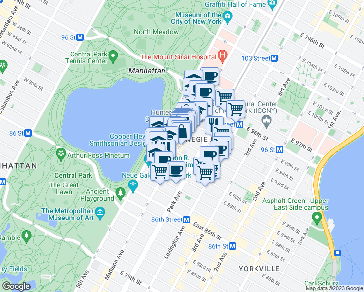map of restaurants, bars, coffee shops, grocery stores, and more near 1302 Madison Avenue in New York