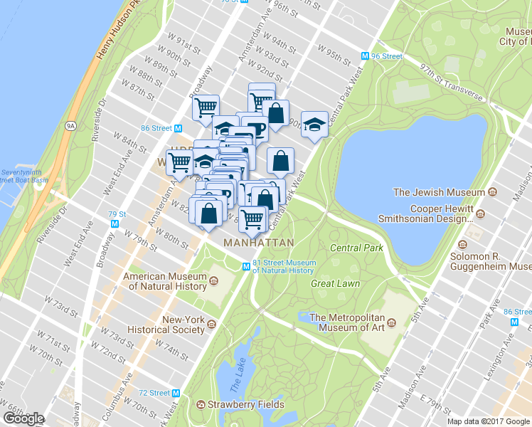 map of restaurants, bars, coffee shops, grocery stores, and more near 32 West 85th Street in New York