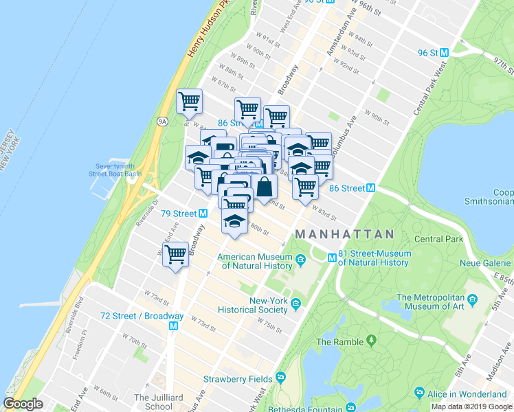 map of restaurants, bars, coffee shops, grocery stores, and more near 454 Amsterdam Avenue in New York