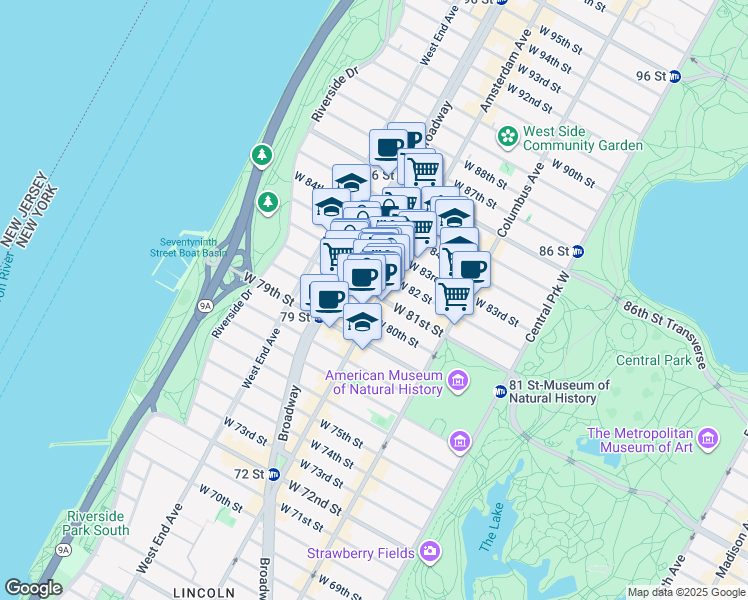 map of restaurants, bars, coffee shops, grocery stores, and more near 454 Amsterdam Avenue in New York
