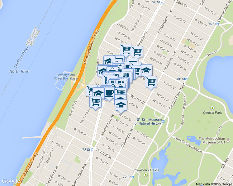 map of restaurants, bars, coffee shops, grocery stores, and more near 234 West 81st Street in New York