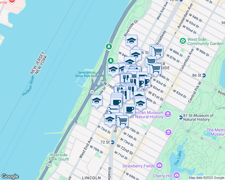 map of restaurants, bars, coffee shops, grocery stores, and more near 306 West 80th Street in New York
