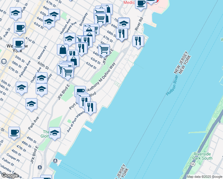 map of restaurants, bars, coffee shops, grocery stores, and more near 2 Avenue at Port Imperial in West New York