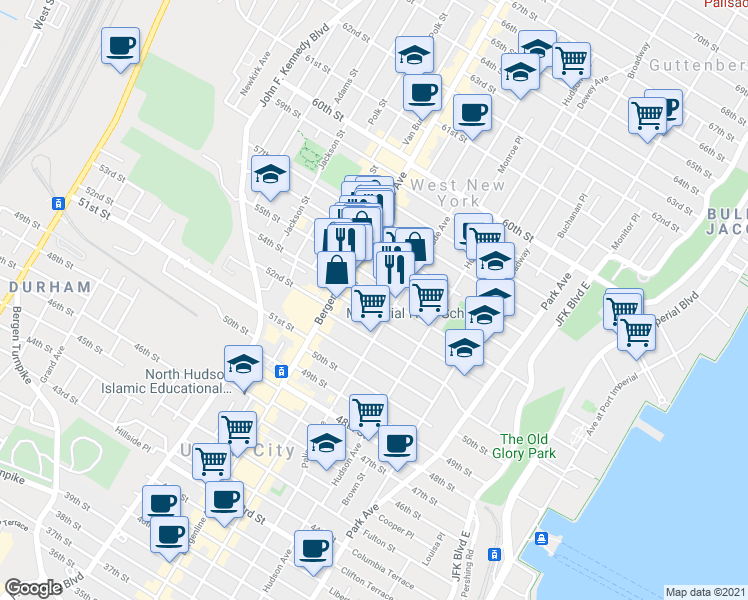 map of restaurants, bars, coffee shops, grocery stores, and more near 417 54th Street in West New York