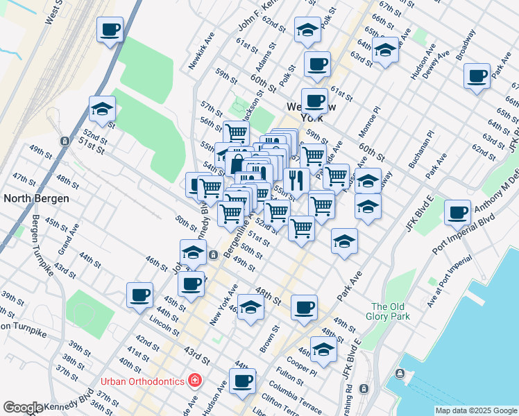 map of restaurants, bars, coffee shops, grocery stores, and more near 5330 Bergenline Avenue in West New York