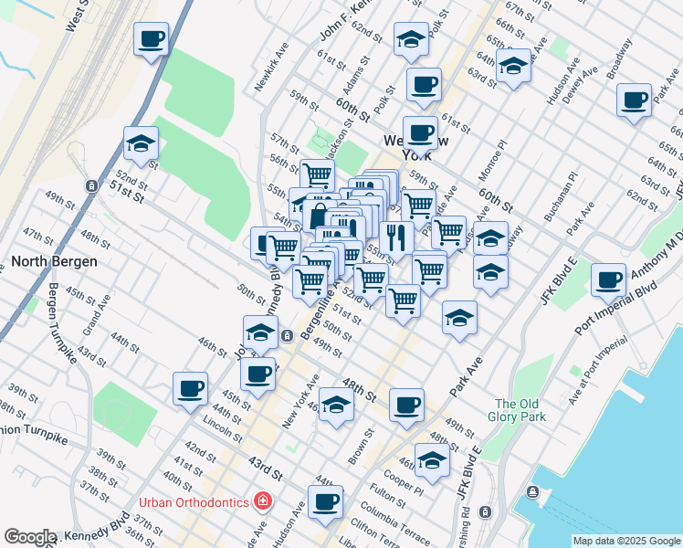 map of restaurants, bars, coffee shops, grocery stores, and more near in West New York