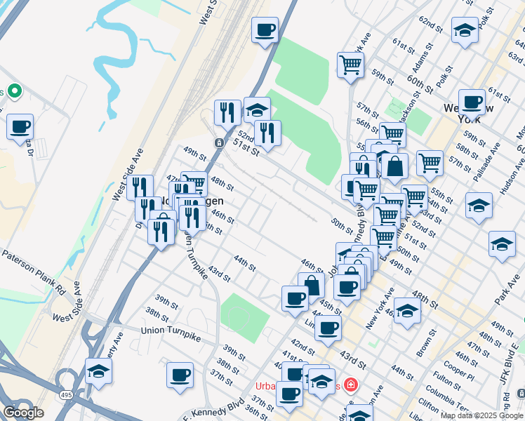 map of restaurants, bars, coffee shops, grocery stores, and more near 1465 48th Street in North Bergen
