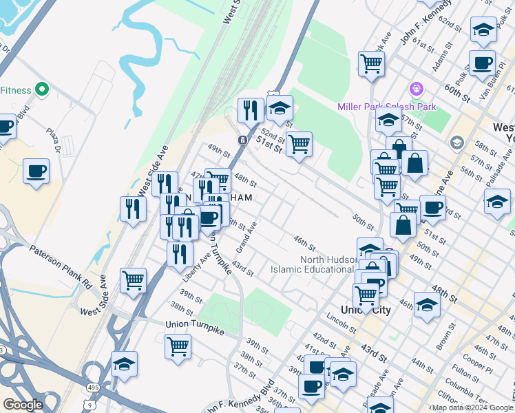 map of restaurants, bars, coffee shops, grocery stores, and more near 1520 47th Street in North Bergen