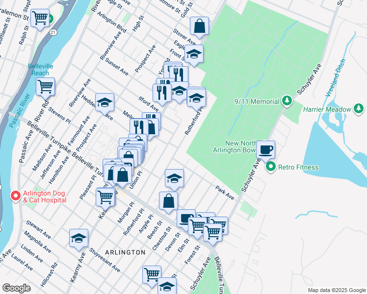map of restaurants, bars, coffee shops, grocery stores, and more near 149 Rutherford Place in North Arlington