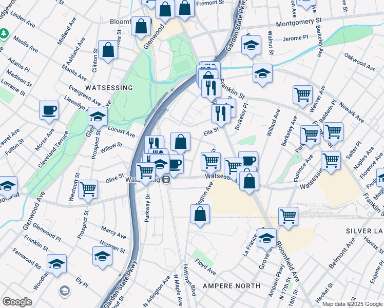 map of restaurants, bars, coffee shops, grocery stores, and more near 60 Ella Street in Bloomfield