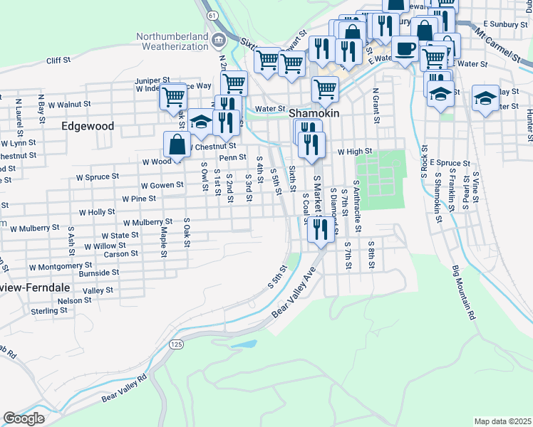 map of restaurants, bars, coffee shops, grocery stores, and more near 418 West Pine Street in Shamokin