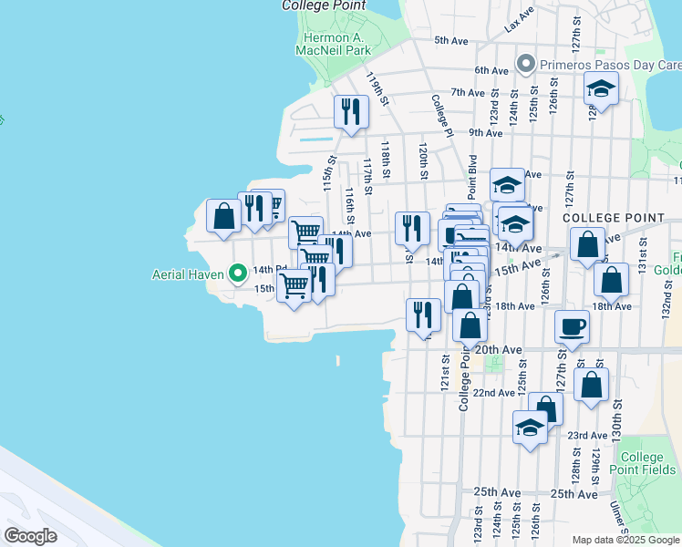 map of restaurants, bars, coffee shops, grocery stores, and more near 14-24 115th Street in Queens
