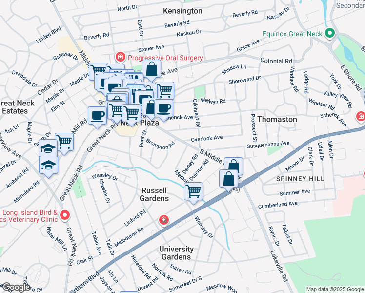 map of restaurants, bars, coffee shops, grocery stores, and more near 140 South Middle Neck Road in Great Neck