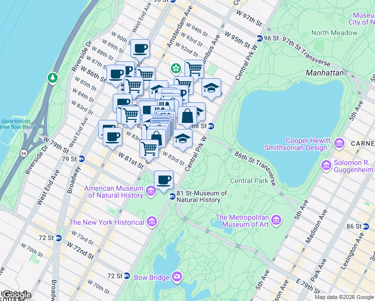 map of restaurants, bars, coffee shops, grocery stores, and more near 9 West 84th Street in New York