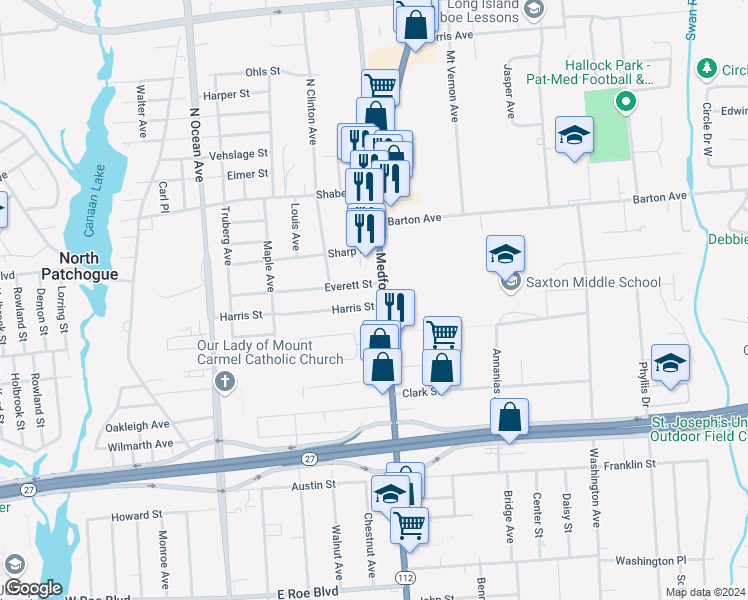 map of restaurants, bars, coffee shops, grocery stores, and more near 15 Everett Street in Patchogue