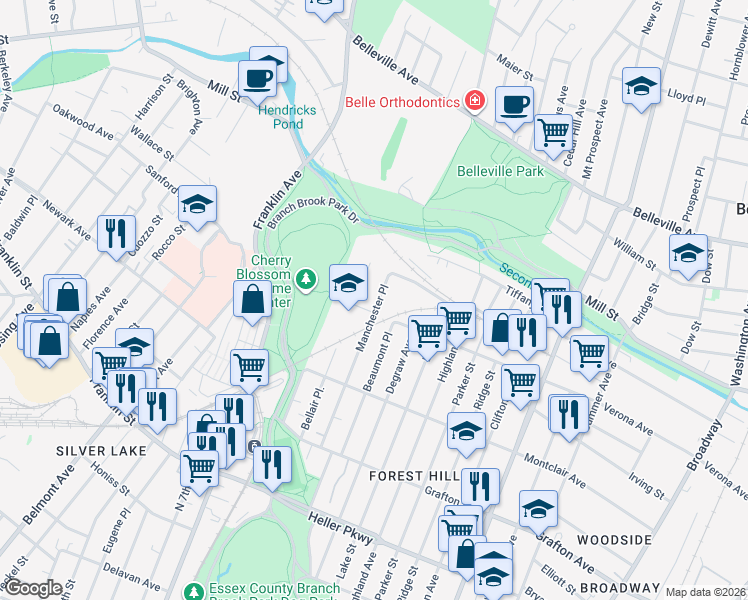 map of restaurants, bars, coffee shops, grocery stores, and more near 134 Manchester Place in Newark