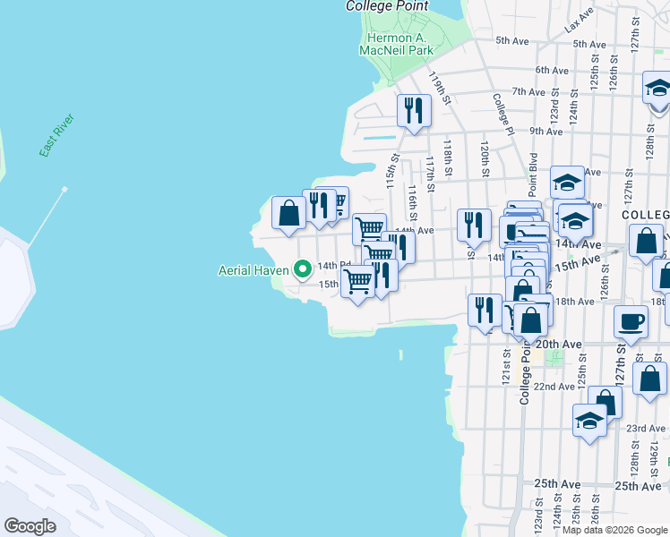 map of restaurants, bars, coffee shops, grocery stores, and more near 14-22 112th Street in Queens