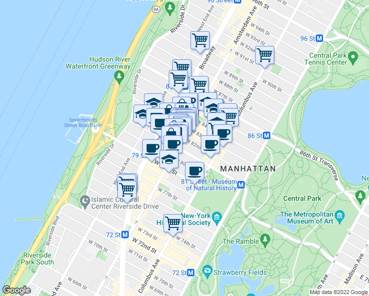 map of restaurants, bars, coffee shops, grocery stores, and more near 454 Amsterdam Avenue in New York