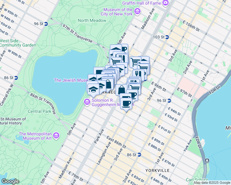 map of restaurants, bars, coffee shops, grocery stores, and more near 65 East 92nd Street in New York